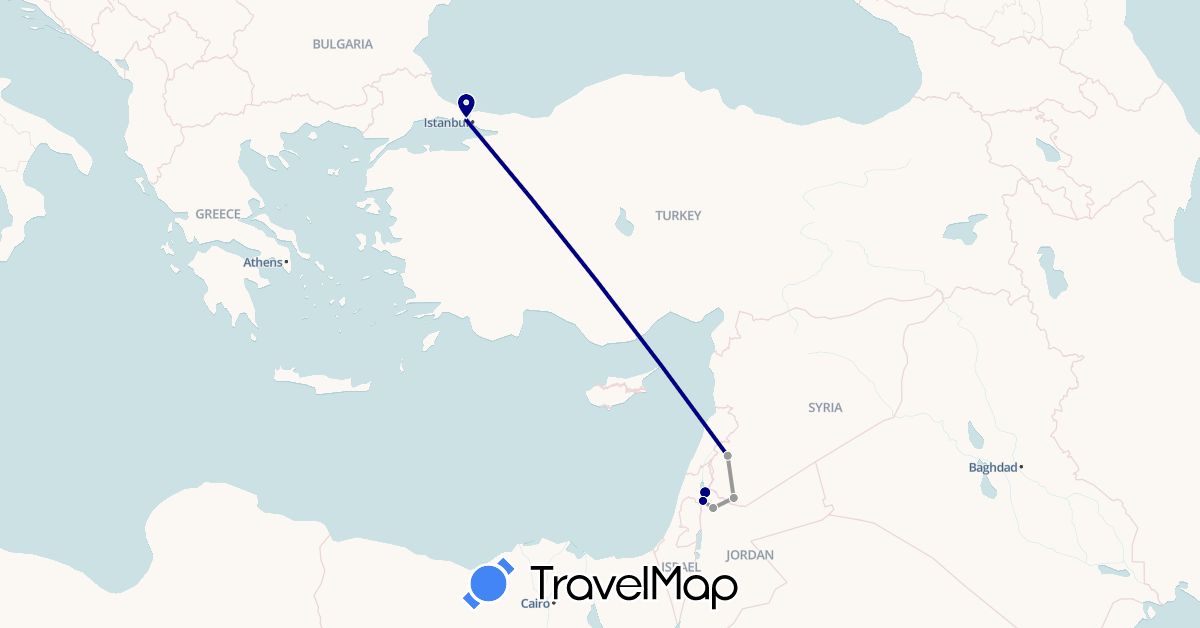 TravelMap itinerary: driving, plane in Jordan, Syria, Turkey (Asia)